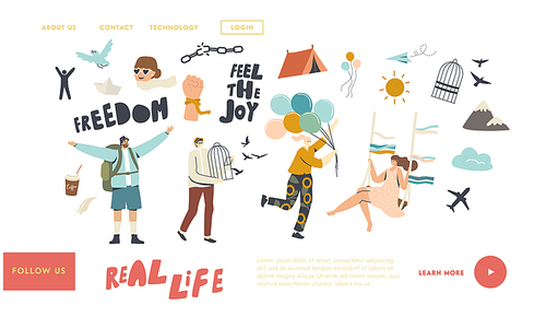 Characters Escape Home Isolation, Freedom Landing Page Template. People Leaving Cages, Break Ropes and Chains and Run with Air Balloons, Traveling and Flying after Covid19. Linear Vector Illustration