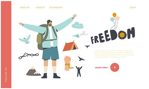 Man Traveler with Backpack Rejoice for Freedom Landing Page Template. Escape, Challenge, Male Character Leaving Home after Covid 19 Lockdown. Broken Chains, Balloons, Birds. Linear Vector Illustration