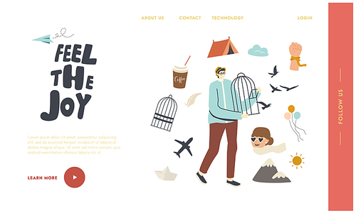 Freedom Landing Page Template. Male Character Hold Open Metal Cage with Swallows Flying Out Leaving Imprisonment. Overcome Lockdown Limitations, Cell Escape, Emancipation. Linear Vector Illustration