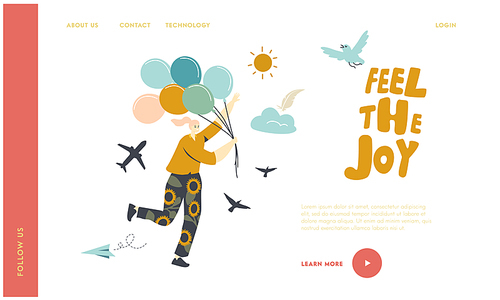 Happy Female Character Run with Balloons Landing Page Template. Escape Quarantine Isolation. Woman Escaping Crisis, Inspiration, Progress, Solution, Girl Feel the Joy. Linear Vector Illustration