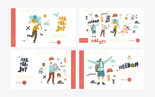 Characters Escape Home Isolation, Freedom Landing Page Template Set. People Leaving Cages, Break Ropes and Chains and Run with Balloons, Traveling and Flying after Covid19. Linear Vector Illustration