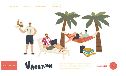 Freelancers on Vacation Landing Page Template. Male Characters Wear Summer Clothes under Palm Trees on Tropical Island Working on Laptop and Drinking Cocktails. Linear People Vector Illustration