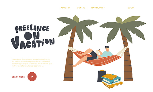 Freelancer or Distant Employee Character on Vacation Landing Page Template. Businessman in Lying on Hammock under Palm Tree on Exotic Tropical Beach Working with Documents. Linear Vector Illustration