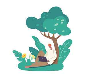 Indian Farmer Character in Traditional Clothes Relax after Work on Field Sitting under Tree with Laptop in Hands. Rural Man Agricultural Worker with Modern Device. Cartoon People Vector Illustration
