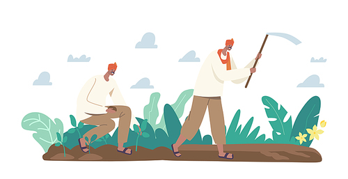 Indian Farmer Characters in Traditional Clothes Work on Plantation Plowing Field with Hoe, Planting Seedlings in Soil. Rural Men Agricultural Workers Farming. Cartoon People Vector Illustration