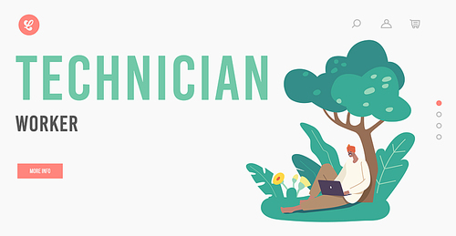 Technichan Worker Landing Page Template. Indian Farmer Character in Traditional Dress Relax on Field Sitting under Tree with Laptop in Hands. Rural Man with Modern Device. Cartoon Vector Illustration