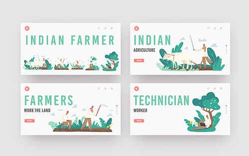 Indian Farmer Landing Page Template Set. Rural Men Characters in Traditional Clothes Plowing Field by Cow, Planting and Harvesting. Agricultural Worker Use Laptop. Cartoon People Vector Illustration