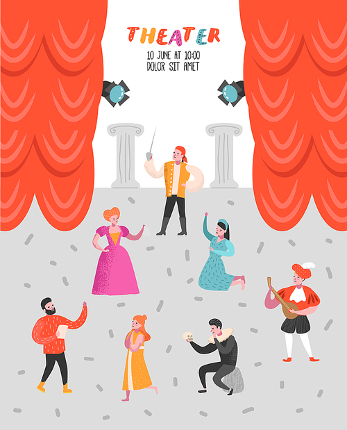 Theater Actor Characters Set. Flat People Theatrical Stage Poster. Artistic Perfomances Man and Woman. Vector illustration