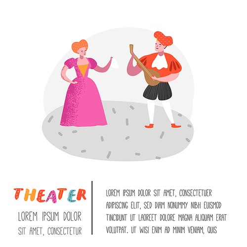 Theater Actor Characters. Flat People Theatrical Stage Poster. Artistic Perfomances Man and Woman. Vector illustration