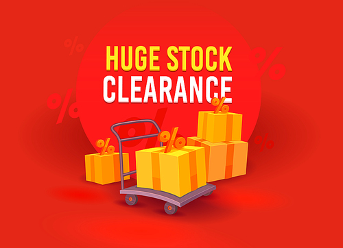 Huge Stock Clearance, Sale Advertising Banner with Boxes and Percent Signs on Manual Trolley. Branding Template Design for Shopping Discount. Content Social Media Promo Backdrop. Vector Illustration