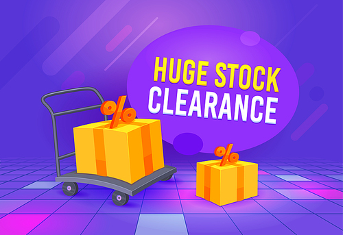Huge Stock Clearance Special Offer Sale Banner, Digital Social Media Marketing Advertising. Special Shop Offer. Shopping Discount Ad Poster, Promo with Boxes and Manual Trolley. Vector Illustration