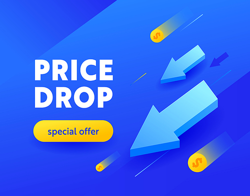 Price Drop Special Offer Advertising Banner with Typography on Blue Background, Ad Card for Shopping Discount, Social Media Promo Content Ad, Store Off Poster, Flyer or Voucher. Vector Illustration