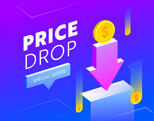 Price Drop Sale Advertising Banner with Typography. Blue Background Design with Coins and Arrow for Shopping Discount. Social Media Promo Ad, Store Off Poster, Flyer Card Template. Vector Illustration