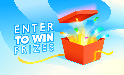 Enter to Win Prizes Banner. Open Red Gift Box with Confetti Fireworks on Blue Background. Raffle, Lottery Promo Poster. Festive Store Promotion, Gambling Casino Games. Cartoon Vector Illustration