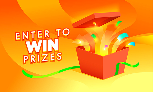 Enter to Win Prizes Banner. Open Gift Box with Confetti Fireworks on Colorful Orange Background. Giveaway Promo, Festive Store Advertising Promotion, Gambling Games. Cartoon Vector Illustration
