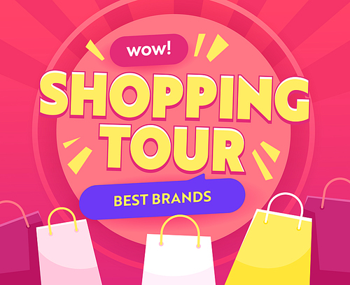 Shopping Tour Banner with Colorful Paper Bags. Stock Market Discount, Shopaholic Touristic Service Billboard. Best Brands Sale Travel, Advertising for Total Clearance Promotion. Vector Illustration