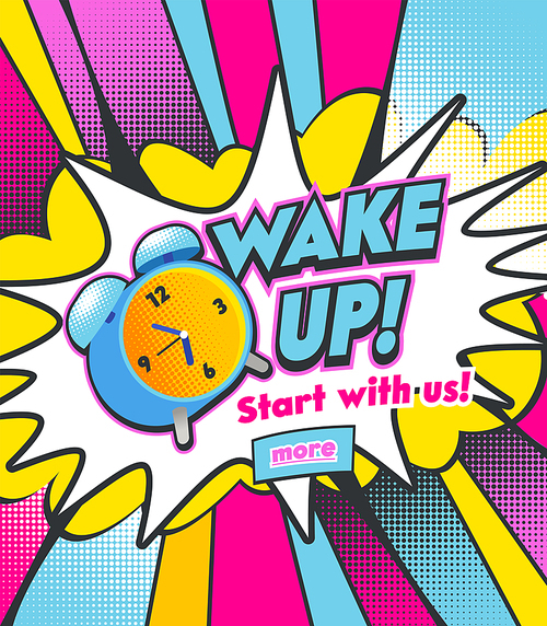 Alarm Clock Ringing on Colorful Half Tone Dotted Background. Vintage Colorful Watch Running and Bell to Wake Up at Morning. Cartoon Pop Art Vector Illustration in Retro Hand Drawn Comic Book Style