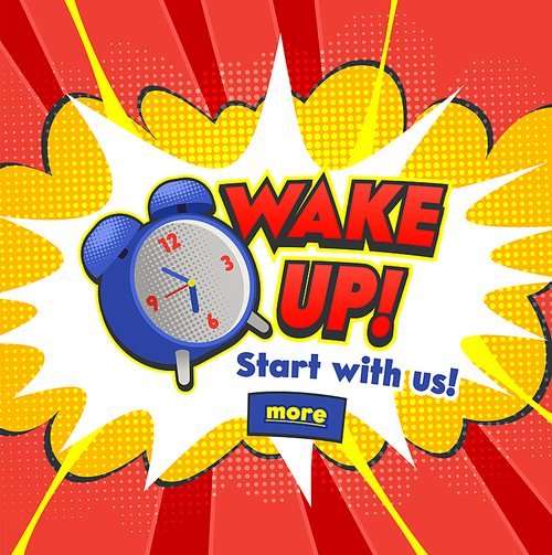 Background with Comic Alarm Clock Ringing and Expression Speech Bubble with Wake Up Text. Vector Bright Dynamic Cartoon Illustration in Hand Drawn Retro Comic Book Pop Art Style on Halftone Background