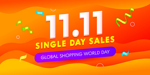 Global Shopping World Day Sale Advertising Banner with Typography and Confetti. Eleventh November Discount. Geometric Decoration Backdrop, Content for Social Media Promo Event. Vector Illustration