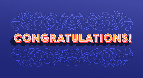 Creative Banner with Congratulation Typography, Greeting Card with Ornamental Print on Deep Blue Background. Social Media Followers Greeting, Winner, Anniversary or Birthday Event. Vector Illustration