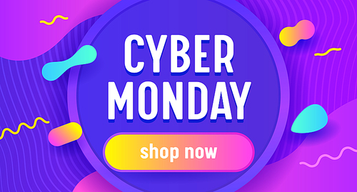 Cyber Monday Sale Advertising Banner with Typography. Neon Background Design for Shopping Off, Discount. Social Media Promo Content Ad, Store Off Poster, Flyer or Card Template. Vector Illustration