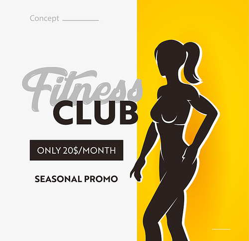 Fitness Club Banner, Seasonal Promo for Visiting Gym. Sale Poster with Silhouette of Athletic Slim Fit Female Body. Wellness Motivation, Promotional Flyer, Healthy Lifestyle. Vector Illustration