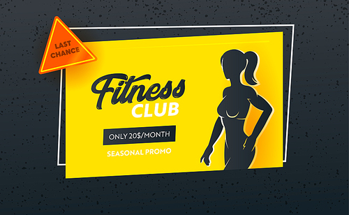 Fitness Club Last Chance Seasonal Promo Banner with Silhouette of Slim Fit Female Body. Low Price Promotion for Visiting Gym Concept. Workout Exercises, Poster or Flyer with Girl. Vector Illustration