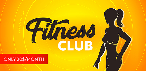 Fitness Club Banner, Seasonal Promo Concept. Sports Poster with Silhouette of Athletic Slim Fit Female Body on Yellow Background, Promotional Sport Banner or Flyer for Gym. Vector Illustration