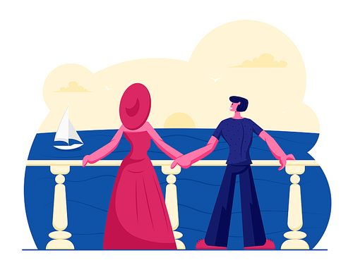 Young Couple Stand on Outdoor Terrace Looking on Beautiful Seascape with Floating Sailing Ship. Relaxing Woman in Elegant Gown and Broad-brim and Young Man Rear View. Cartoon Flat Vector Illustration