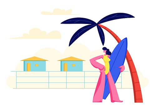 young girl with surf board in hands standing on sandy beach under palm tree on resort lodges . summer vacation, traveling woman holidays in exotic country. cartoon flat vector illustration