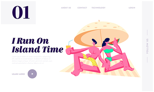 Happy Young Couple Relaxing on Beach under Sun Umbrella Drinking Juice, Eating Watermelon. Summer Vacation, Traveling, Leisure, Website Landing Page, Web Page. Cartoon Flat Vector Illustration, Banner