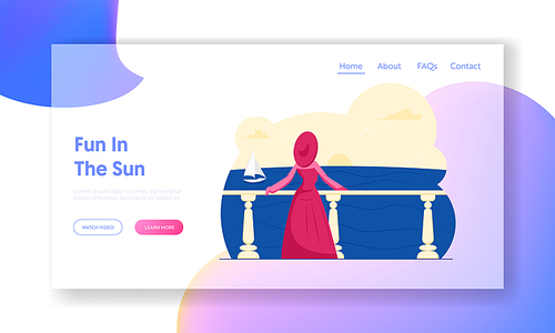 Happy Holiday, Summer Enjoy on Seaside Website Landing Page. Woman in Elegant Gown and Broad-brim Stand on Waterfront Terrace Look at Sea and Sailboat Web Page Banner. Cartoon Flat Vector Illustration
