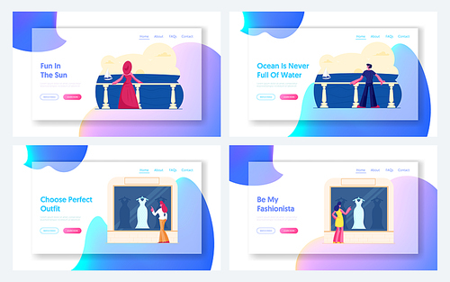 Relaxing on Sea Resort, Women Choose Dress Website Landing Page Set. People Enjoy Ocean View on Hotel Terrace, Female Characters Shopping Spare Time Web Page Banner. Cartoon Flat Vector Illustration