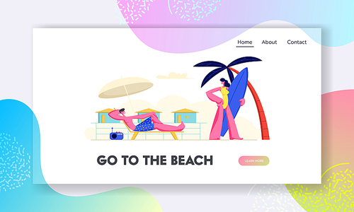 Young Couple Spend Summer Holidays Vacation on Beach. Woman Going to Seaside with Surf Board, Man Relaxing on Chaise Lounge. Website Landing Page, Web Page. Cartoon Flat Vector Illustration, Banner