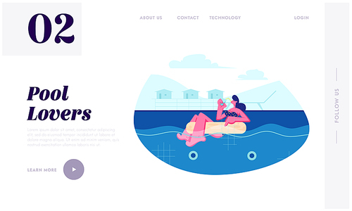 young woman floating inflatable ring in swimming pool and  cocktail, relaxing on resort, summer vacation, leisure, website landing page, web page. cartoon flat vector illustration, banner