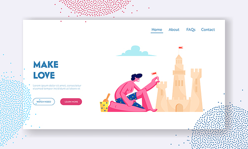Summer Time Vacation Website Landing Page, Young Man in Swimsuit Having Leisure on Sandy Beach Building Sand Castle at Tropical Seaside Coast Line Web Page. Cartoon Flat Vector Illustration, Banner