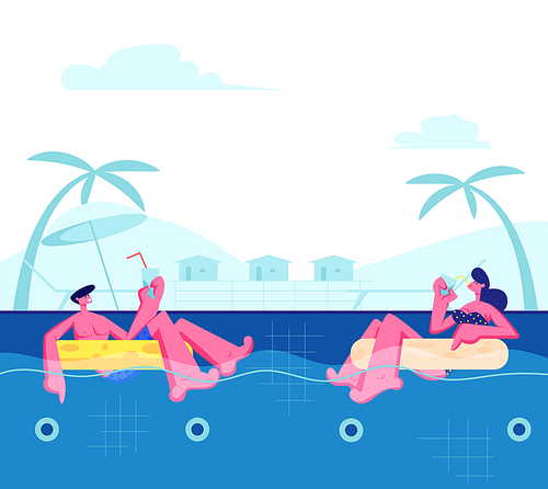 Young Happy Couple Relaxing on Resort, Floating at Inflatable Rings in Swimming Pool and Drinking Cocktails. Tropical Vacation Sparetime, Summertime Leisure, Honeymoon Cartoon Flat Vector Illustration
