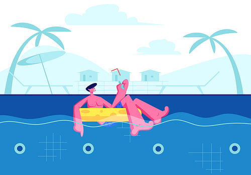 Summer Time Sparetime, Young Happy Man Enjoying Cocktail and Floating at Inflatable Ring in Swimming Pool. Tourist Relaxing on Resort. Tropical Vacation, Leisure. Cartoon Flat Vector Illustration