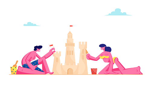 Young Loving Couple Having Leisure on Sandy Beach Building Sand Castle at Tropical Island Seaside. Man and Woman in Swimsuits on Resort Coast Line Summer Time Vacation Cartoon Flat Vector Illustration