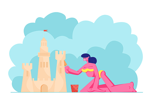 Young Woman in Bikini Having Fun on Sandy Beach Building Sand Castle at Tropical Island Seaside. Female Character Playing on Resort Coast Line at Summer Time Vacation. Cartoon Flat Vector Illustration
