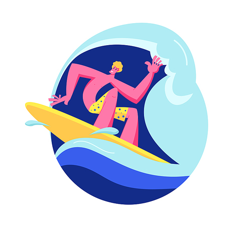 Young Man Surfer in Swim Wear Riding Big Sea Wave on Board. Summertime Activity, Healthy Lifestyle, Vacation Leisure in Exotic Country. Surfing Recreation in Ocean. Cartoon Flat Vector Illustration