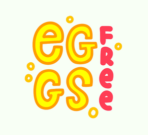 egg free icon, food intolerance symbol, allergy concept. cute doodle style cartoon banner with pink and yellow typography,  product sign for poster, package design or flyer vector illustration