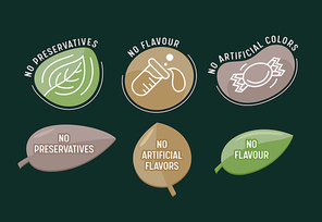 Set of Icons No Preservatives, Artificial Flavors and Colors, Isolated Labels in Shape of Leaves with Linear Glass Flask and Candy. Non Toxic, Free of Additives Food Production. Vector Illustration