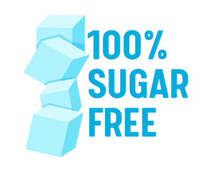 100 Percent Sugar Free Concept for Banner, Healthy Food, Low Carb Nutrition, Product, Blue Typography with Pile of Sugar Cane Cubes Isolated on White Background, Design Element. Vector Illustration