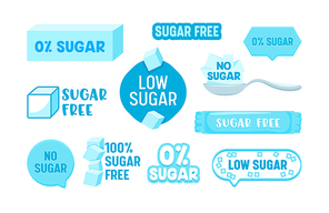 Set of 100 Percent Zero Sugar Free Icons, Badges or Banners, Healthy Food, Low Carb Nutrition, Product, Stickers with Typography Isolated on White Background, Design Elements Vector Illustration