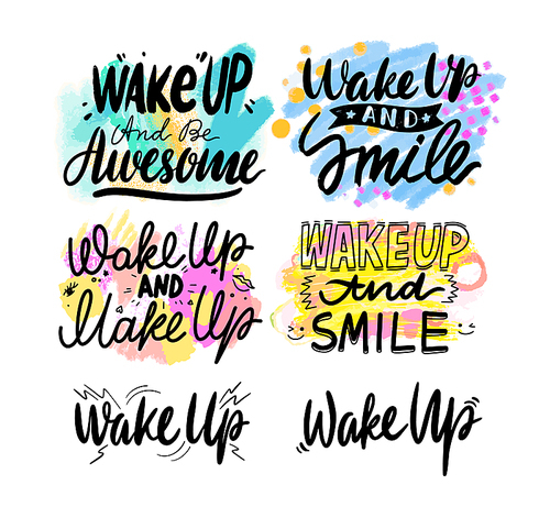 Wake Up and Smile Banner, Creative Typography with Cartoon Elements Isolated on White Background. Greeting Card Inscription, Poster or Apparel Print Design, Motivation Phrase. Vector Illustration, set
