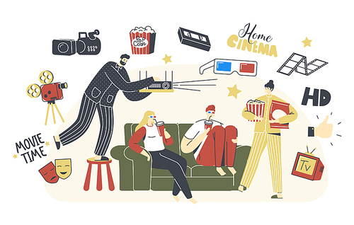 Home Cinema Concept. People Watching TV with Soda and Pop Corn, Male and Female Characters Sitting on Couch Together in  Weekend Evening. Leisure, Sparetime, Day Off. Linear Vector Illustration