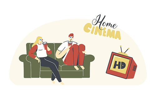 Young Loving Couple Watching TV with Soda at Home. Male and Female Characters Sitting on Couch Together in  Weekend Evening. Love, Leisure, Sparetime, Day Off. Linear People Vector Illustration