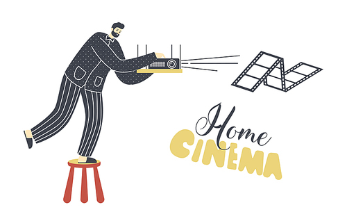 Male Character in Pajama and Slippers Tune Home Cinema Projector for Watching Movies on Weekend. Domestic Recreation and Leisure Concept, Hobby, Relaxing Spare Time. Linear Vector Illustration