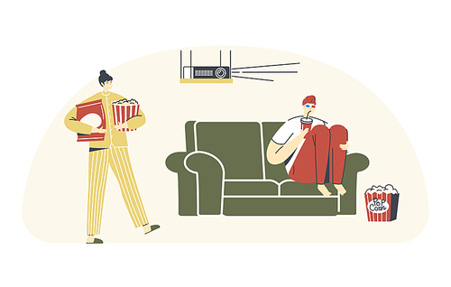 Characters Home Cinema Recreation. Young Man in 3d Glasses Sitting at Sofa with Soda Drink Watching Movie or Sport in Tv, Woman with Popcorn. Weekend Evening Leisure. Linear People Vector Illustration